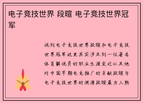 电子竞技世界 段暄 电子竞技世界冠军